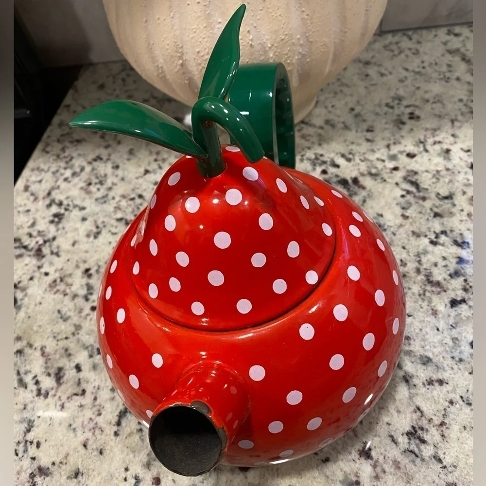 Vintage Strawberry Red Teapot with Green Handle